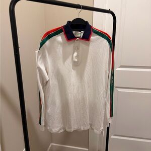 Gucci White Long Sleeve Polo with Red, Green, and Navy Accents